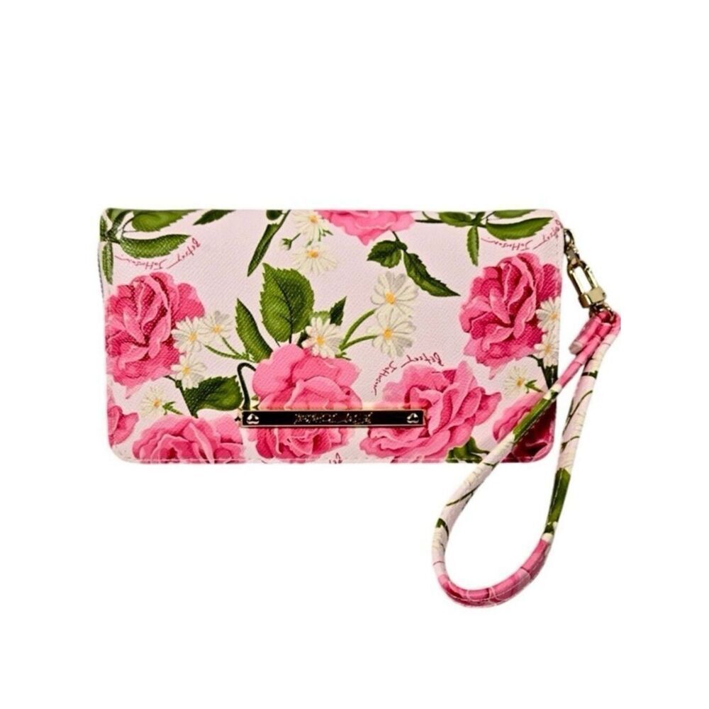 NWT Betsey Johnson Pink & White Floral Bohemian Wristlet around Gold Zip Wallet